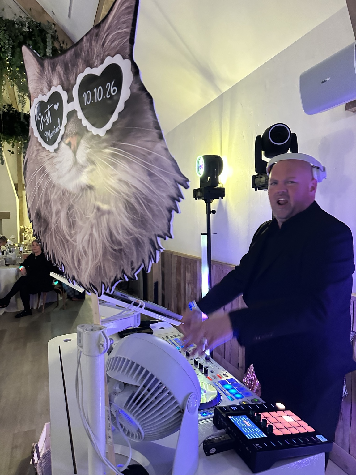 DJ setup with a personalised cat cutout at Matt and Britt’s wedding